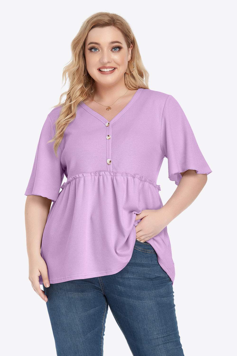 Plus Size Buttoned V-Neck Frill Trim Women Babydoll Blouse