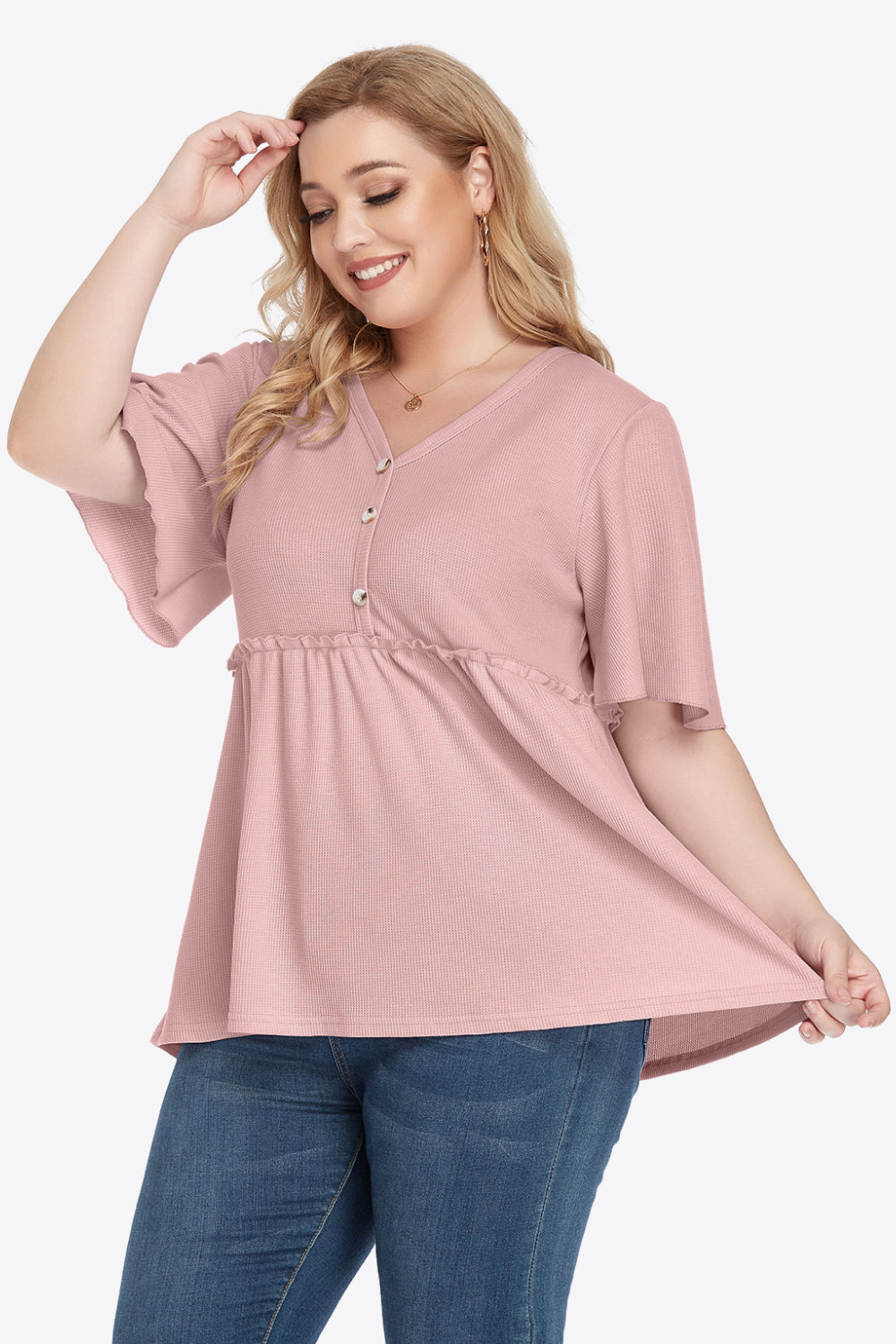 Plus Size Buttoned V-Neck Frill Trim Women Babydoll Blouse