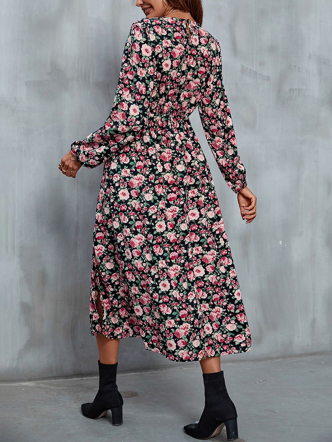 Floral V-Neck Slit Midi Women Dress