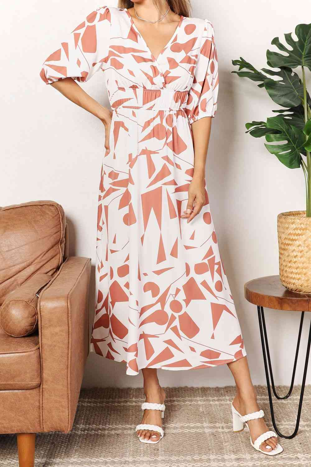 Double Take Printed Surplice Balloon Sleeve Women Dress