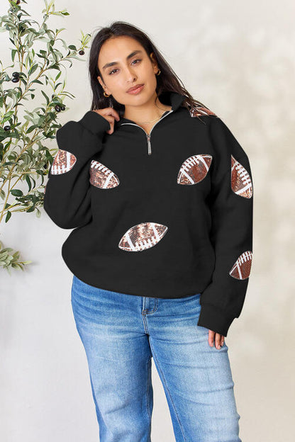 Double Take Full Size Sequin Football Half Zip Long Sleeve Women Sweatshirt