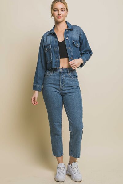 LOVE TREE Raw Hem Button Up Cropped Denim Women Jacket