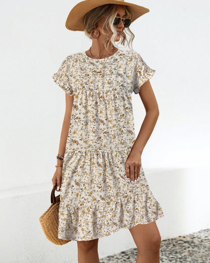 Frill Floral Round Neck Short Sleeve Tiered Women Dress