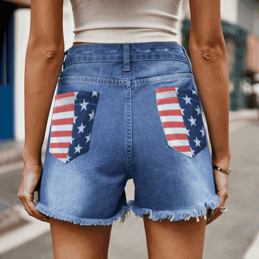US Flag Distressed Denim Women Shorts