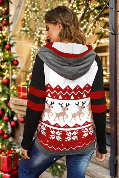 Double Take Full Size Christmas Drawstring Long Sleeve Women Hoodie