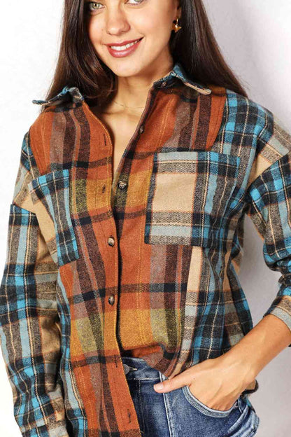 Double Take Plaid Curved Women Hem Shirt Jacket with Breast Pockets