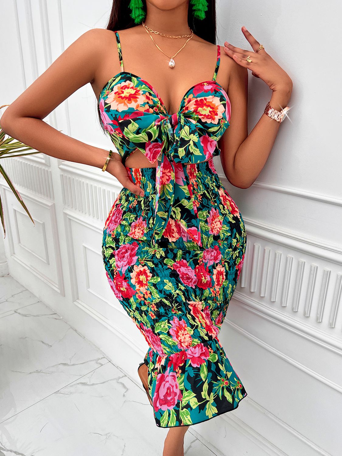 Floral Sweetheart Neck Cutout Women Dress