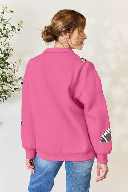 Double Take Full Size Sequin Football Half Zip Long Sleeve Women Sweatshirt