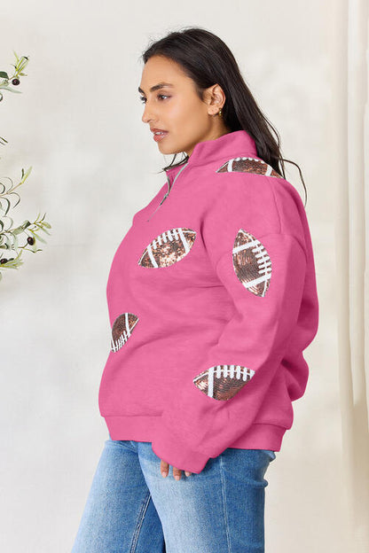 Double Take Full Size Sequin Football Half Zip Long Sleeve Women Sweatshirt