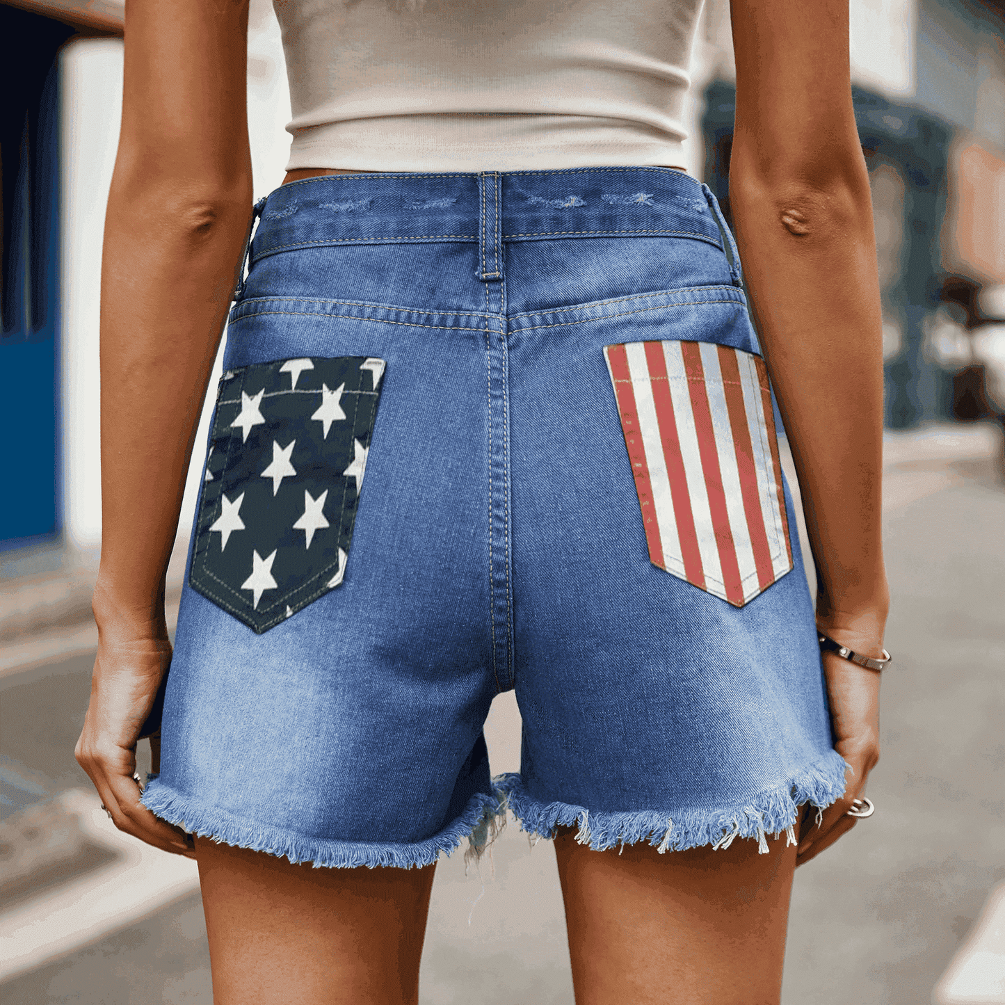 US Flag Distressed Denim Women Shorts