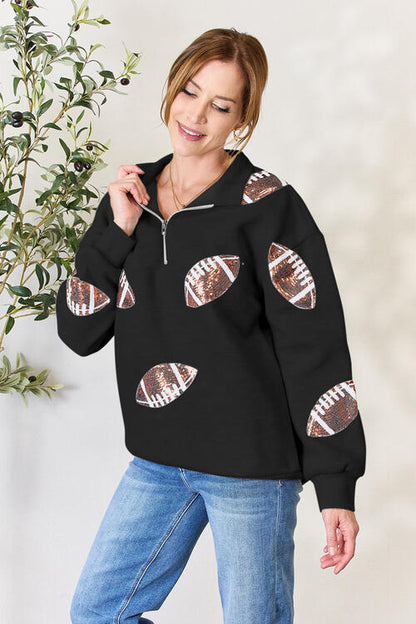 Double Take Full Size Sequin Football Half Zip Long Sleeve Women Sweatshirt