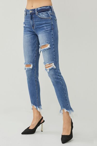 RISEN Distressed Frayed Hem Slim Women Jeans