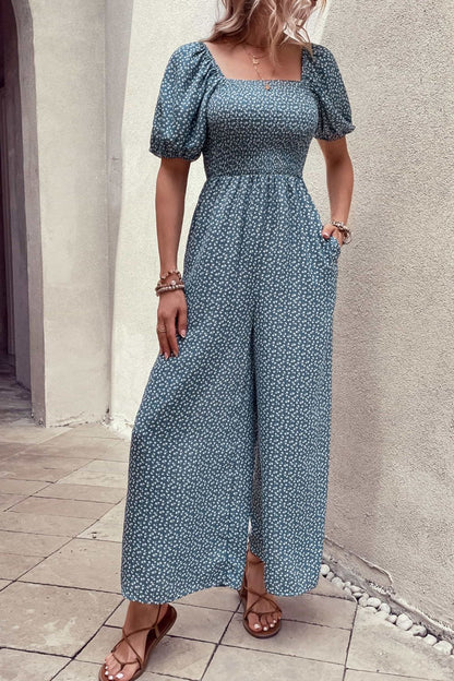 Printed Square Neck Women Jumpsuit with Pockets