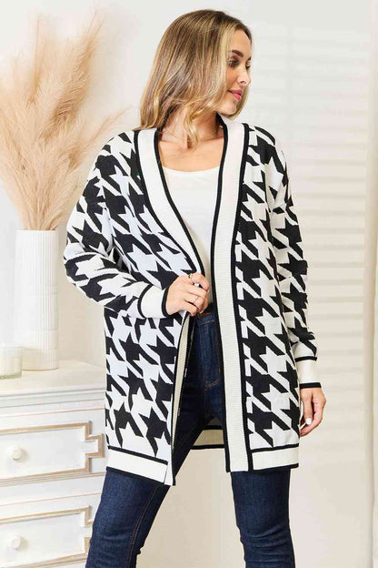 Mandy Woven Right Houndstooth Open Front Longline Women Cardigan