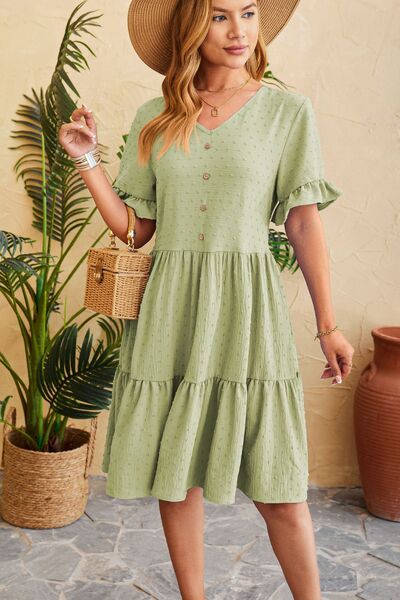 Swiss Dot Ruffled V-Neck Tiered Women Dress