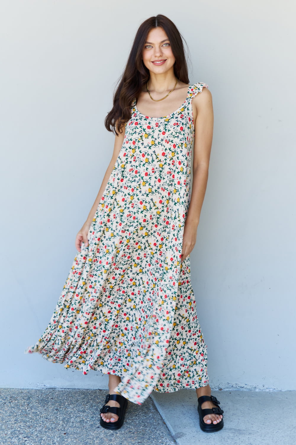 Doublju In the Garden Ruffle Floral Women Maxi Dress in Natural Rose