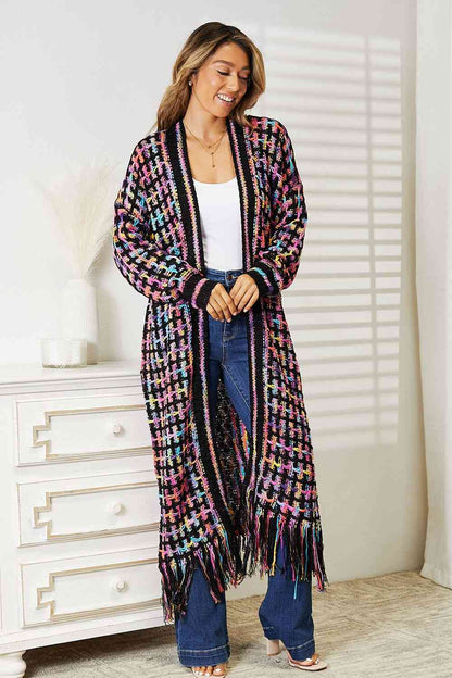 Double Take Full Size Multicolored Open Front Fringe Hem Women Cardigan