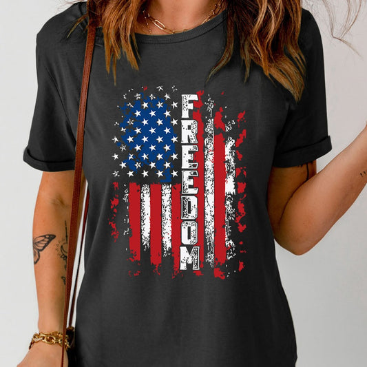 FREEDOM US Flag Graphic Round Neck Women T-Shirt