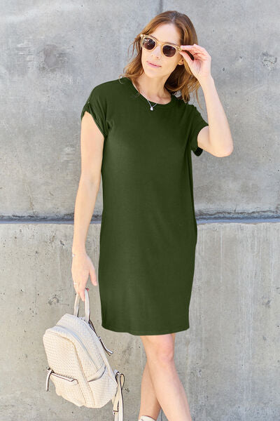 Basic Bae Full Size Round Neck Short Sleeve Women Dress with Pockets