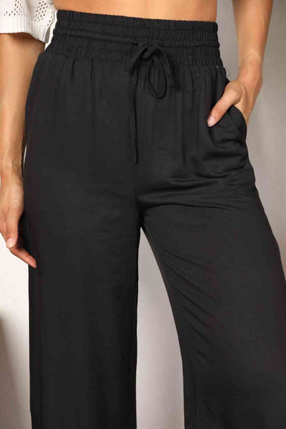 Double Take Drawstring Smocked Waist Wide Leg women Pants