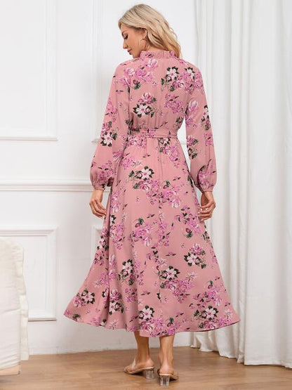 Floral Tie Front Balloon Sleeve Women Dress