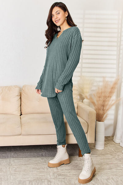 Basic Bae Full Size Notched Long Sleeve Top and Pants Women Set