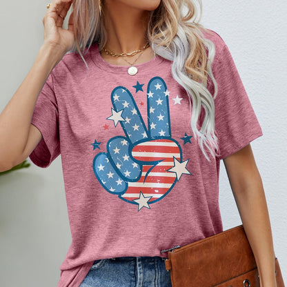 US Flag Peace Sign Hand Graphic Women Tee Shirt