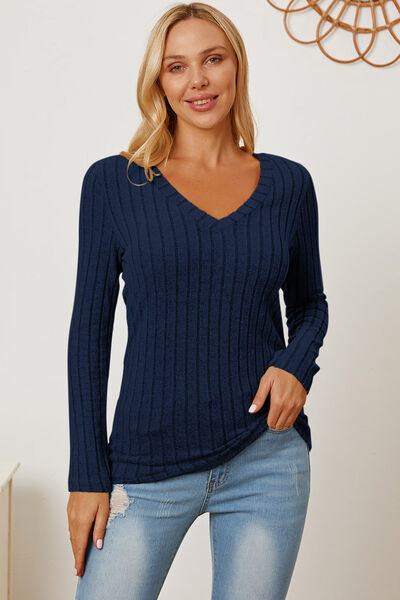 Basic Bae Full Size Ribbed V-Neck Long Sleeve Women T-Shirt