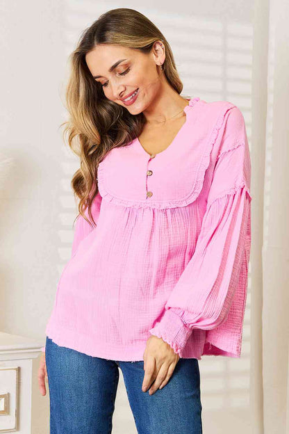 Double Take Exposed Seam Buttoned Notched Neck Women Blouse