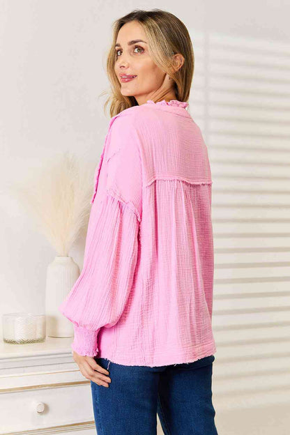 Double Take Exposed Seam Buttoned Notched Neck Women Blouse