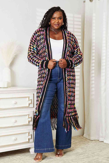 Double Take Full Size Multicolored Open Front Fringe Hem Women Cardigan