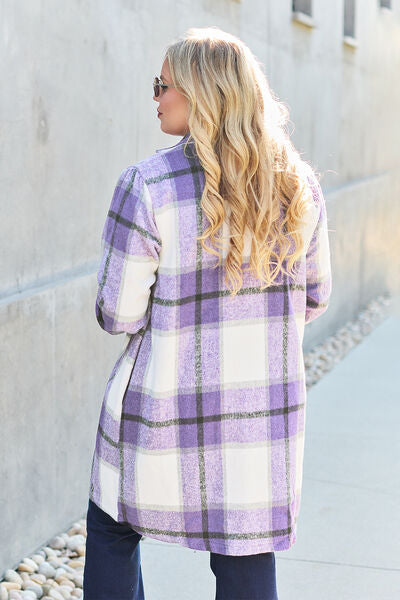 Double Take Full Size Plaid Button Up Lapel Women Collar Coat