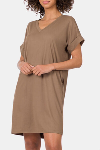 Zenana Rolled Short Sleeve V-Neck Women Dress