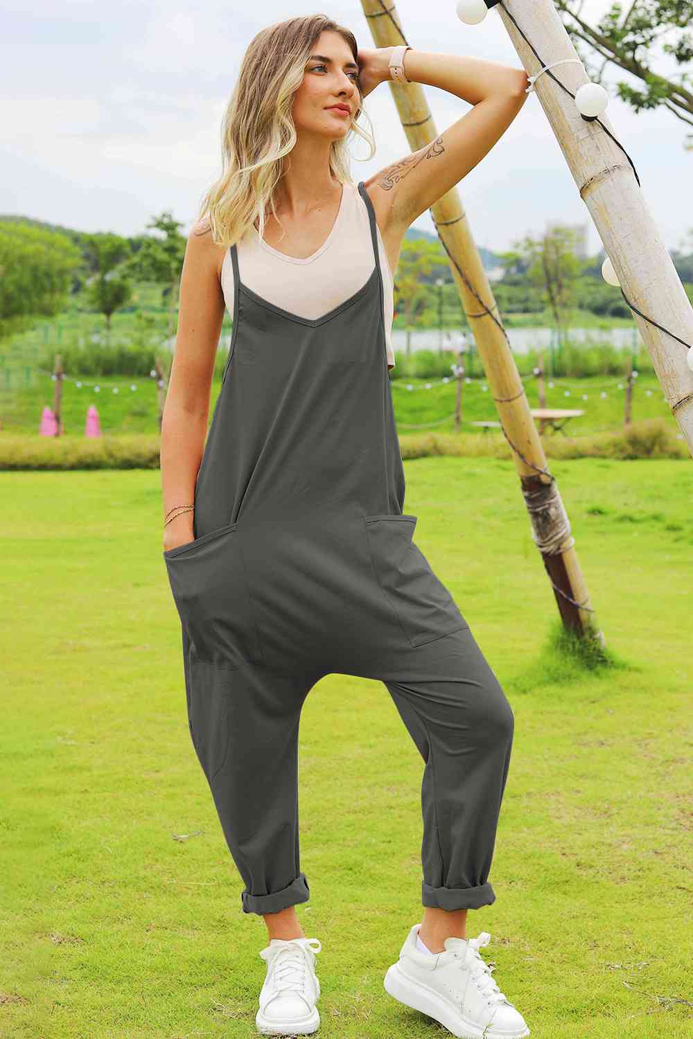 Double Take Full Size Sleeveless V-Neck Pocketed Women Jumpsuit