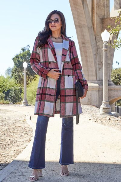 Double Take Full Size Plaid Button Up Lapel Women Collar Coat