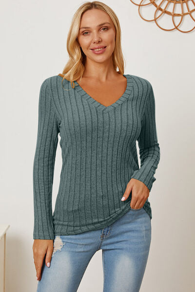 Basic Bae Full Size Ribbed V-Neck Long Sleeve Women T-Shirt