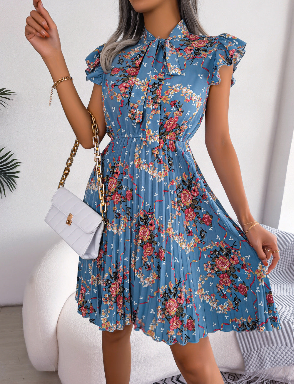 Pleated Floral Printed Tie Neck Knee Length Women Dress