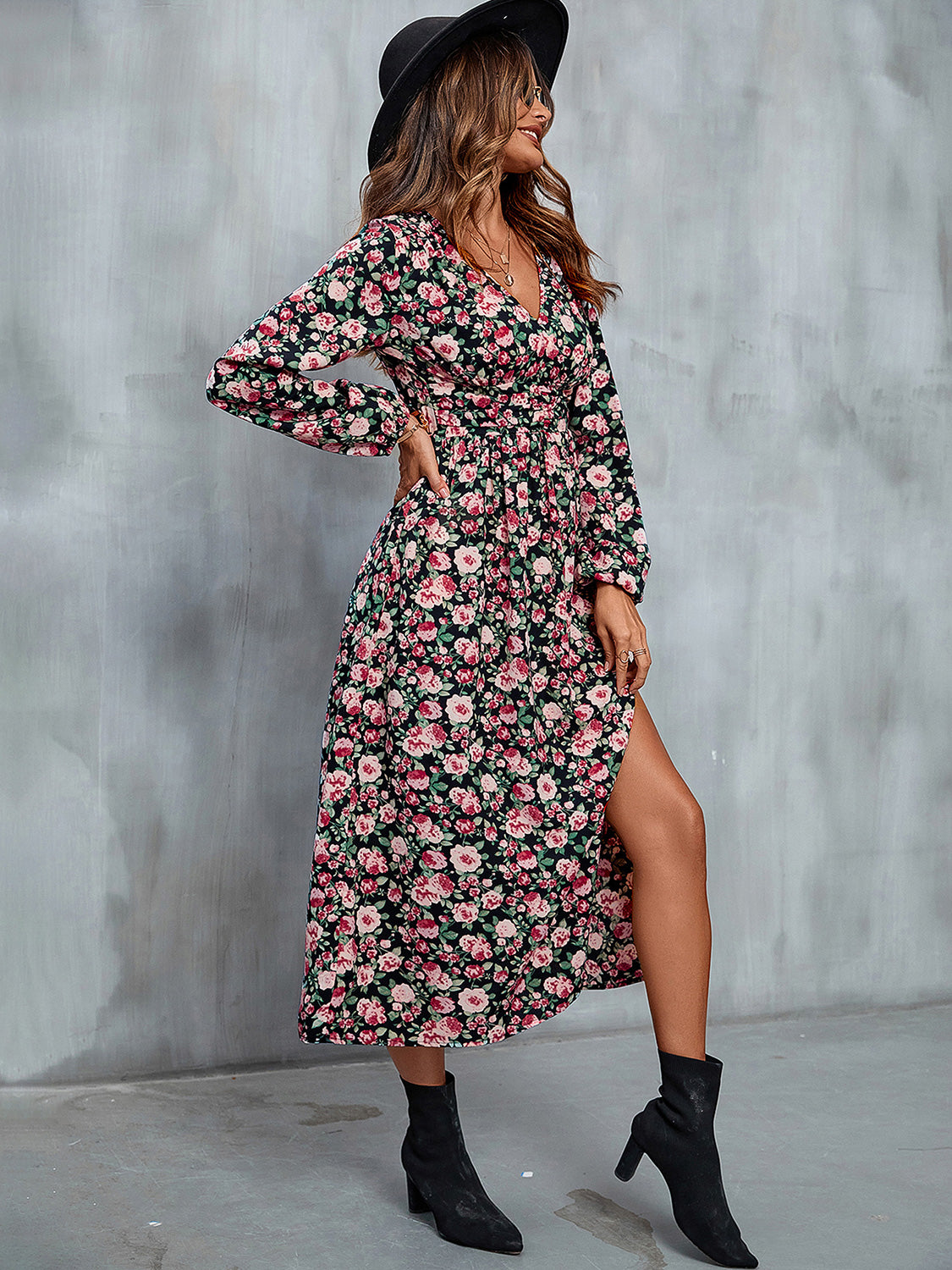 Floral V-Neck Slit Midi Women Dress