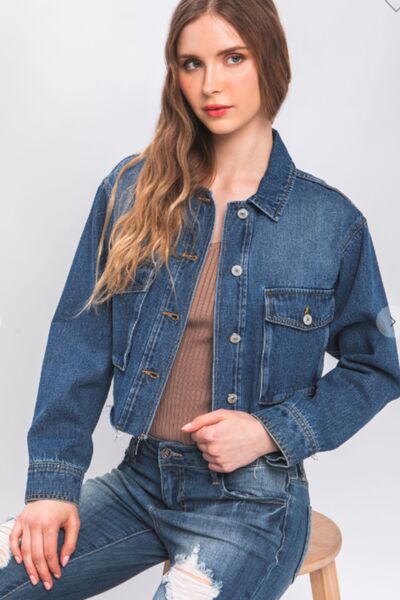 LOVE TREE Raw Hem Button Up Cropped Denim Women Jacket