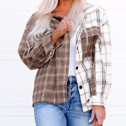 Plaid Contrast Button Up Women Shirt Jacket