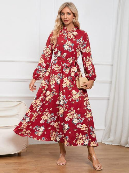 Floral Tie Front Balloon Sleeve Women Dress