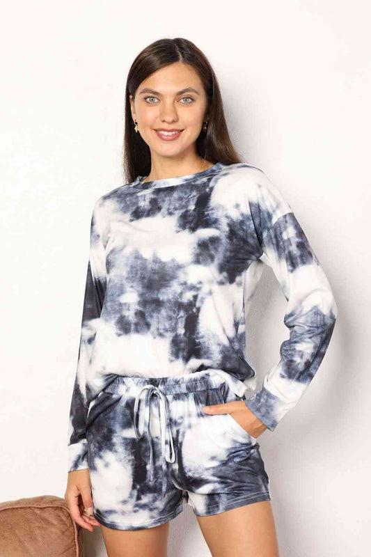 Double Take Tie-Dye Round Neck Top and Shorts Women Lounge Set