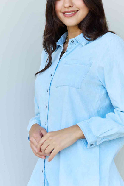 Doublju Blue Jean Baby Denim Button Down Women Shirt Top in Light Blue