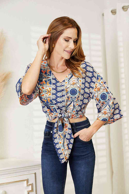 Double Take Tie Hem V-Neck Three-Quarter Sleeve Women Blouse