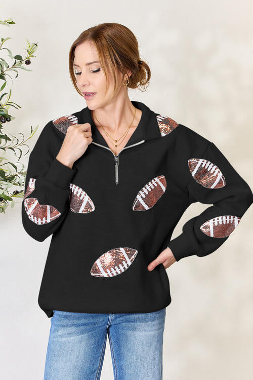 Double Take Full Size Sequin Football Half Zip Long Sleeve Women Sweatshirt