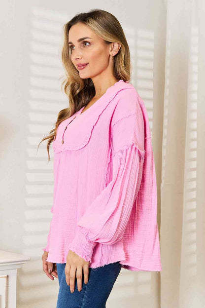 Double Take Exposed Seam Buttoned Notched Neck Women Blouse