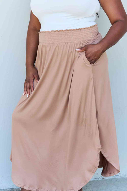 Doublju Comfort Princess Full Size High Waist Scoop Hem Women Maxi Skirt in Tan