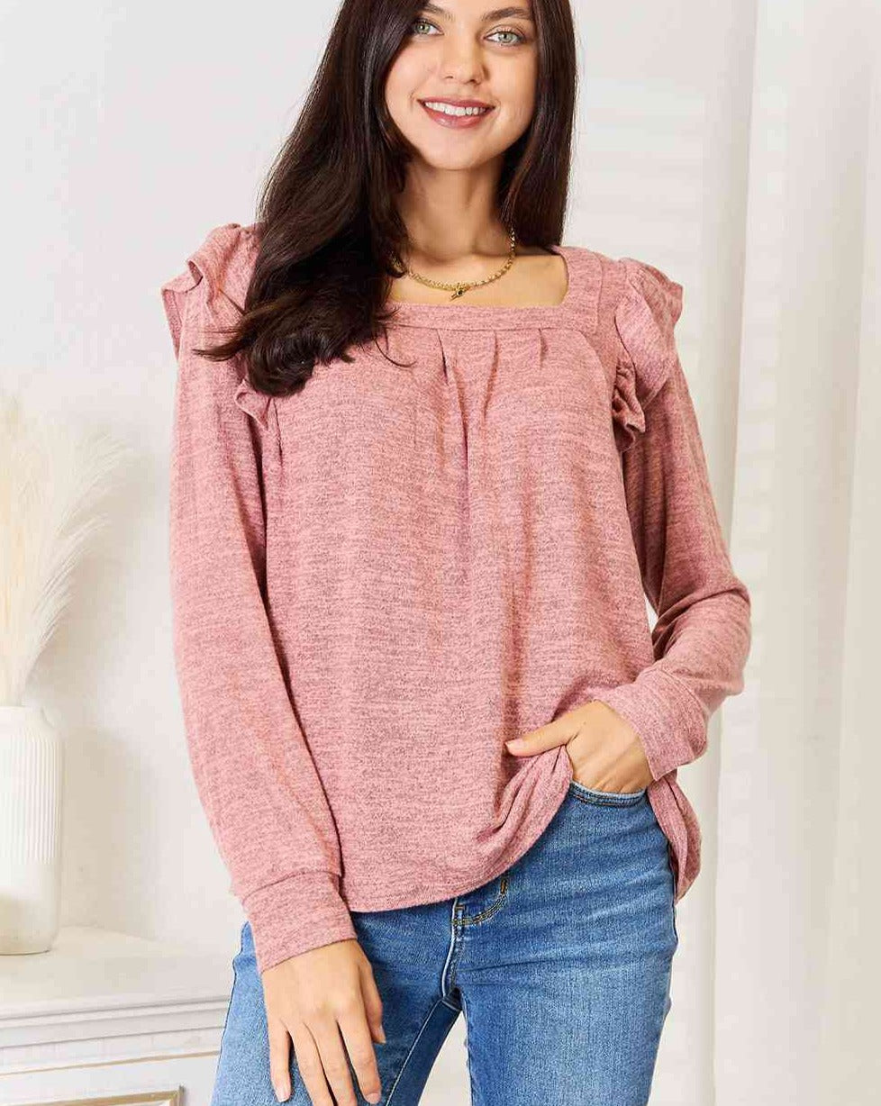 Double Take Square Neck Ruffle Shoulder Long Sleeve Women T-Shirt