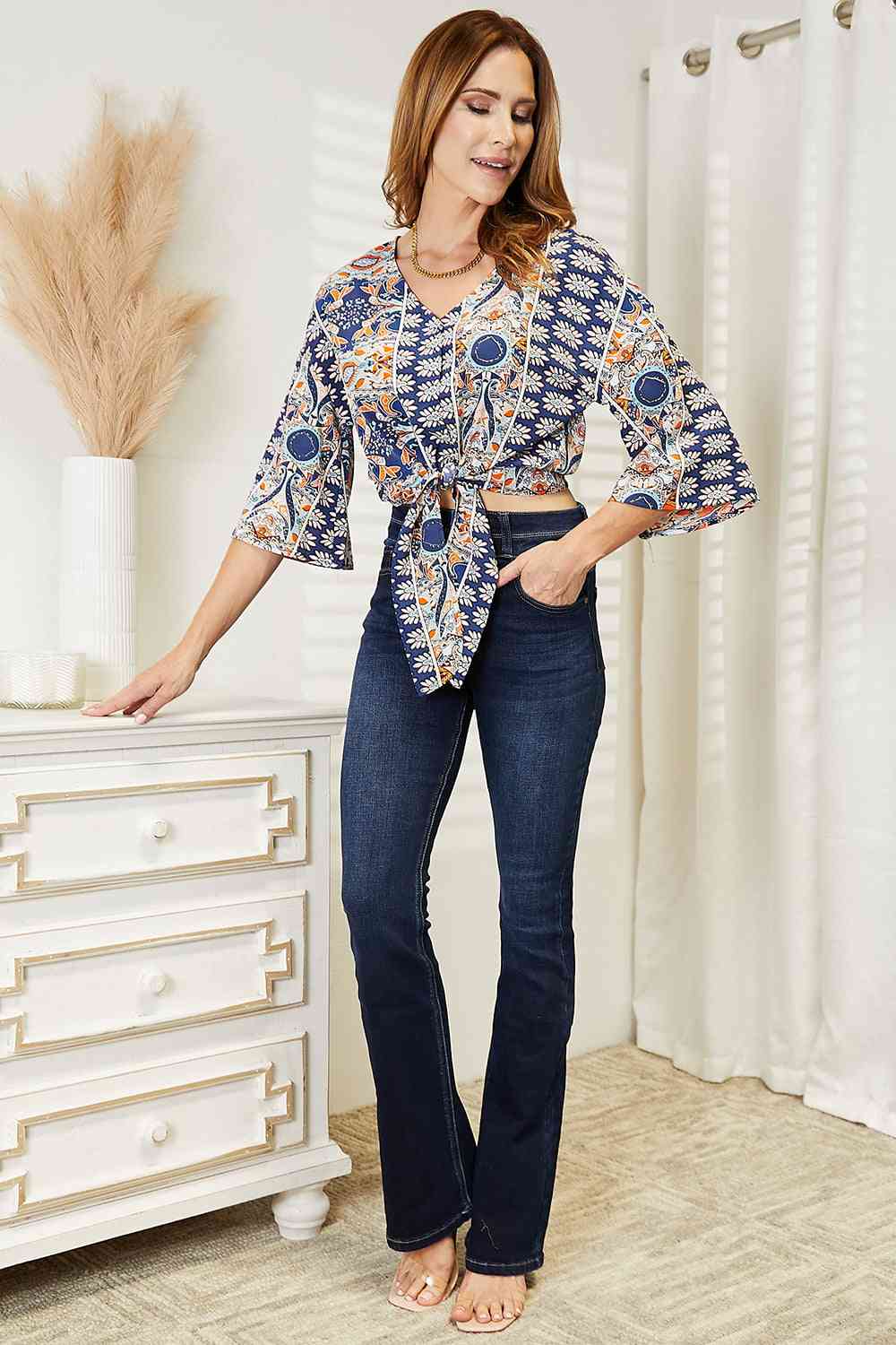 Double Take Tie Hem V-Neck Three-Quarter Sleeve Women Blouse