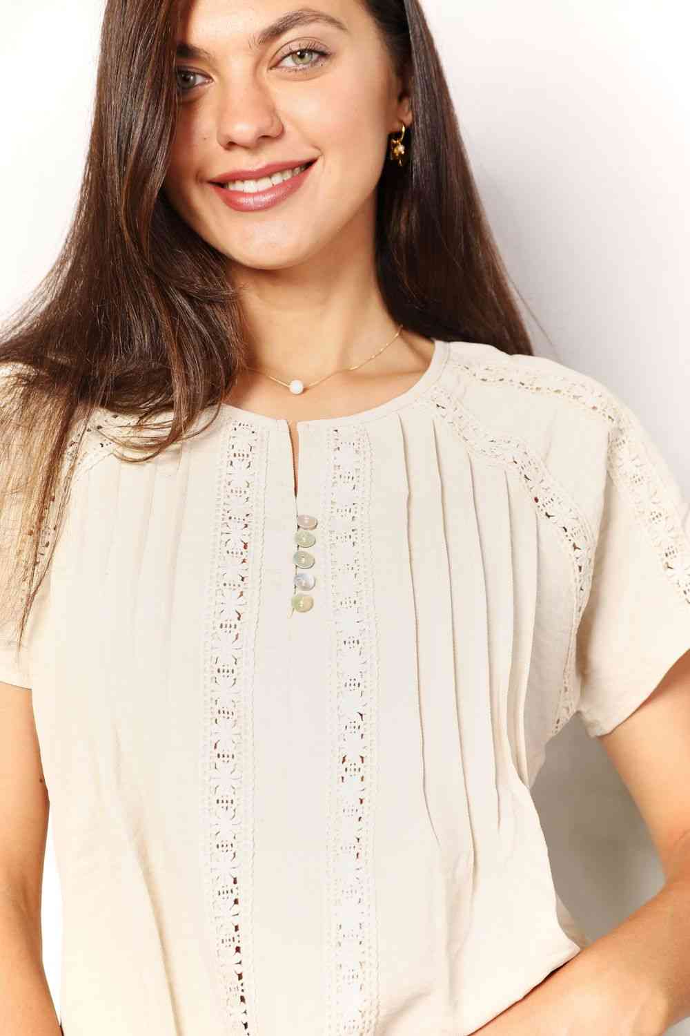 Double Take Crochet Buttoned Short Sleeves Women Top